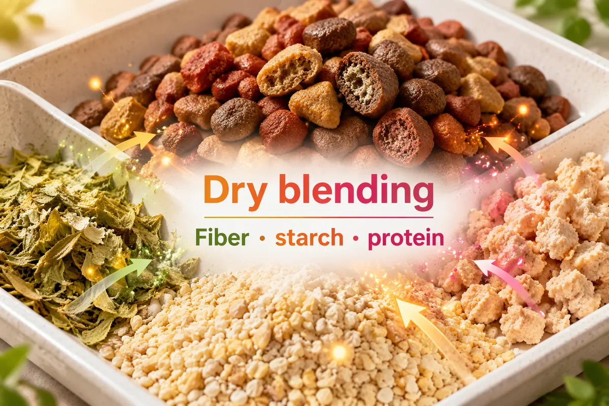 Faser-, Stärke- und Proteinrohstoffe in Schalen neben fertigem Trockenfutter, beschriftet mit Dry blending